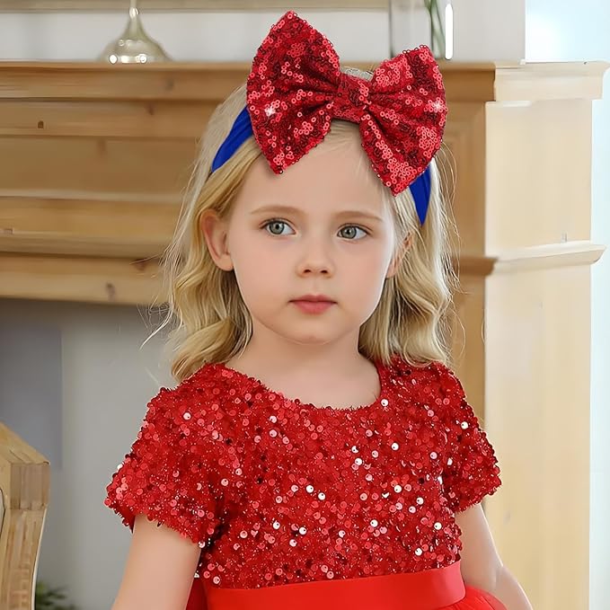 4th of July Red Blue Headband Sequin Bows Glitter Hair Bow for Girls Toddler Patriotic Star Headband Accessories Infant