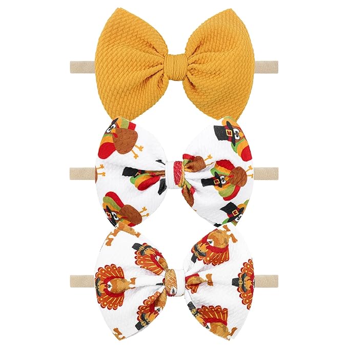 YanJie Thanksgiving Baby Headbands Turkey Printed Hair Bows for Girls Baby Hairbands Toddler Accessories Gift for Girls Infants Child Turmeric Bows