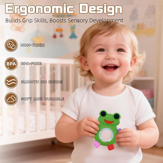 Baby Teething Rings Toys,Over Sized of A Frog Infant Toys Relief Teethers for Babies 3-6-12-18 Months,Sensory Toys Rattle Teether Silicone Teether Relief Chew Soothing,BPA Free
