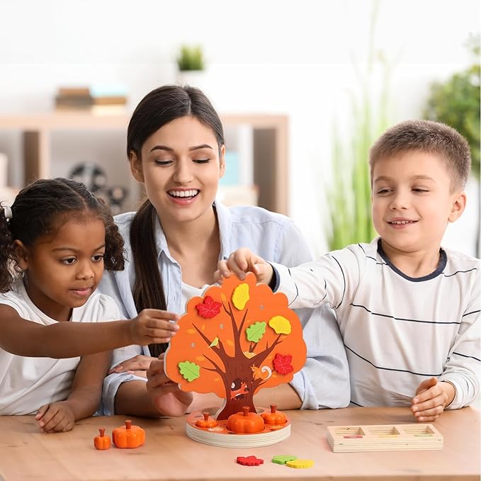 Woodtoe Montessori Toys for 3 4 5 6 Year Old, Pumpkin Picking Magnetic Leaves Tree Toy, Toddler Fine Motor Skill Toy, Wooden Sensory Color Sorting Toys, Autumn Pumpkin Toy Birthday Gifts for Kids 3-6