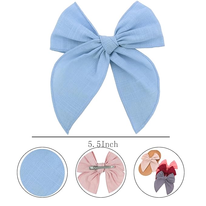 YUESE Linen Bow Hair Clip for Girls & Women – Soft Cotton Linen Fabric, Handmade Large Bow Barrette, Lightweight Hair Accessory for Daily Wear, School, Party & Gift (Blue)