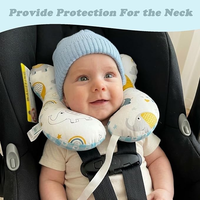 Baby Reversible Travel Pillow for Car Seat & Stroller, Lightweight U-Shaped Comfort Seat Accessory, Elephant Design