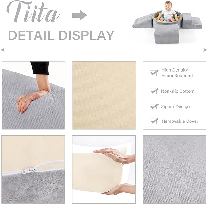 Tiita Climbing Toys for Toddlers 1-3 Indoor with Ball Pit, 4-Piece Kids Foam Climbing Blocks, Activity Soft Play Climbing for Baby, Grey, Balls not Included