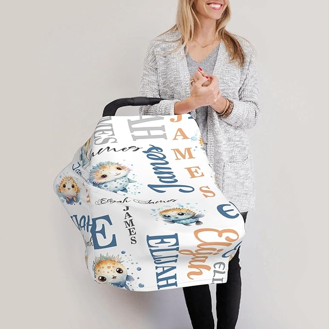 Personalized Baby Car Seat Cover with Name Stroller Canopy Custom Pufferfish Carseat Cover Newborn Baby Boy Girl Nursing Cover for Moms First Birthday Gift