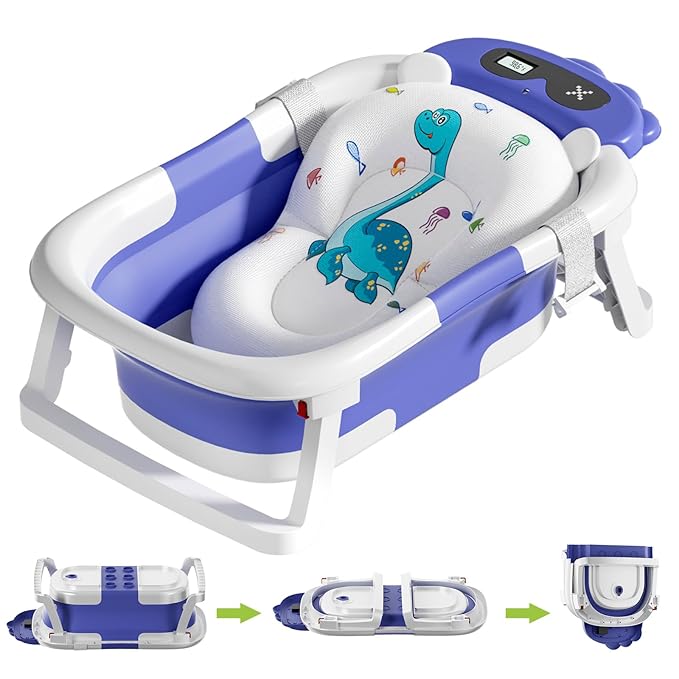 Baby Bathtub, Collapsible Baby Bathtub with Thermometer, Portable Travel Baby Bath Tub, Newborn to Toddler Baby Tub with Floating Soft Cushion, Suitable for Infants 0-36 Months (Blue)