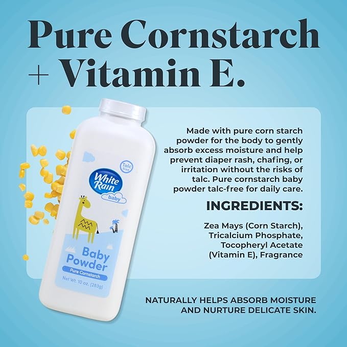 White Rain Pure Cornstarch Baby Powder Talc-Free, 10 oz, Pack of 2 - Natural Moisture Absorption with Vitamin E, Gentle Body Powder for Women, Babies & Sensitive Skin, Free of Parabens & BPA