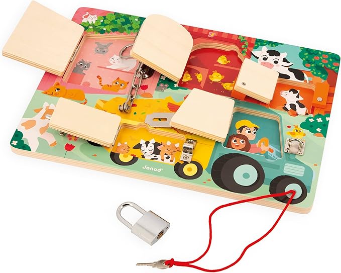 Janod Farm Padlocks Board - Latching and Locking Puzzle - Ages 3-6 - J07119
