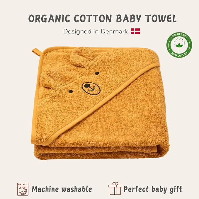 Hooded Baby Towels - 100% Organic Cotton Baby Bath Towels for Baby Boy, Baby Girl, 32" x 32" Super-Soft and Absorbent Baby Towels for Newborn (Bear - Autumn Yellow)