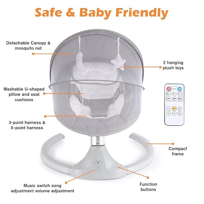 Baby Swing for Newborns 0-6 Months, Electric Infant Swing with Bluetooth & Remote Control, 5-Speed Portable Rocker with 12 Soothing Lullabies, 3-Point Widened Harness, ASTM Certified