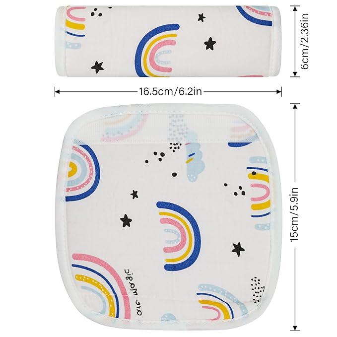 2Pcs Baby Car Seat Neck Cover for Kids, Children Seat Belt Cushion Cute Cartoon Pattern, Comfortable Soft Belt Pads Cover Neck Support Travelling (Pink Rainbow)