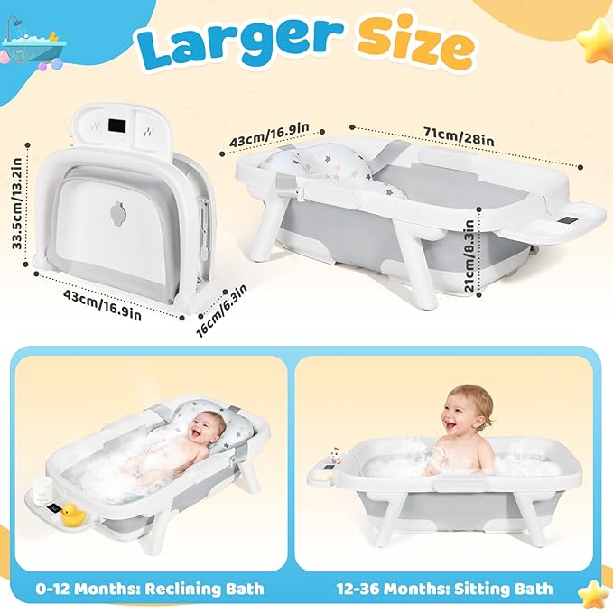 Orzbow Collapsible Baby Bathtub, Large Baby Bath Tub for Newborn with Soft Cushion & Thermometer, Travel Portable Baby Tubs for Infants to Toddler 0-36 Months, 28x16.9 inches, Gray