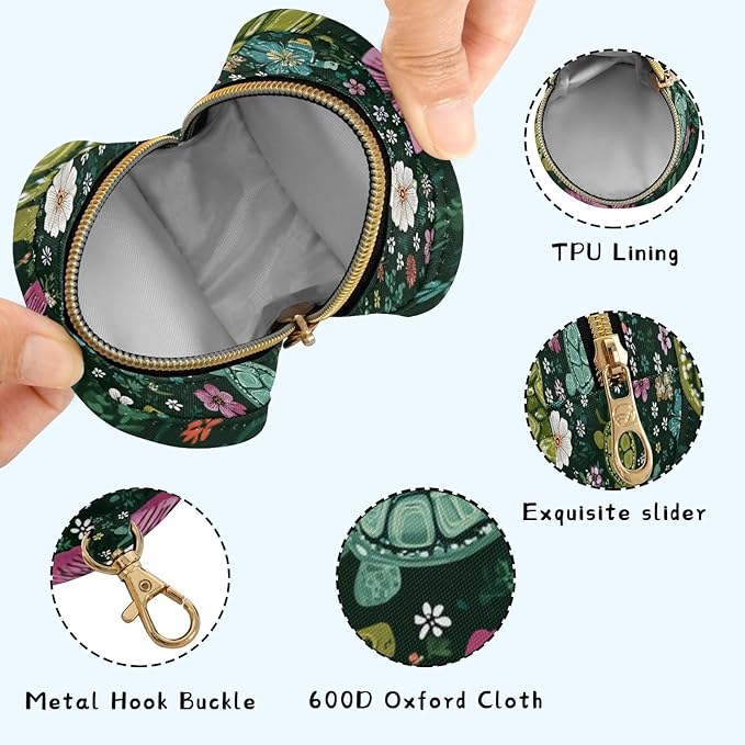 Pacifier Holder with Clip Pacifier Case for Diaper Bag Round Baby Pacifier Pouch Box Bag Portable Dark Green Turtles and Cute Flowers
