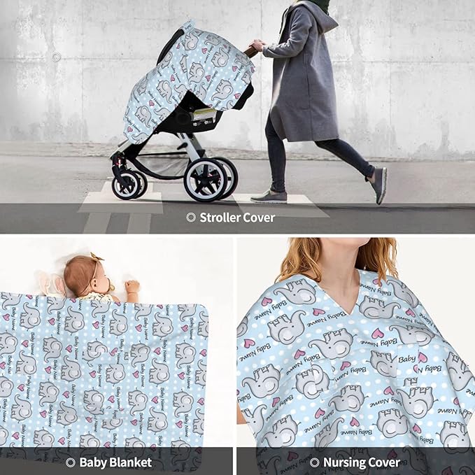 Personalized Elephant and Heart Baby Infant Car Seats Canopy for Babies with Name, Custom Car Seat Covers for Baby Boys Girls, Peekaboo Minky Nursing Breastfeeding Stroller Canopies for Newborn
