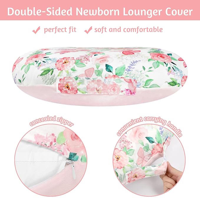 Newborn Lounger Cover for Girls Boys, Removable Soft Baby Lounger Cover, Reversible Infant Lounger Cover Minky, Pink Floral & Butterfly (Only Cover)