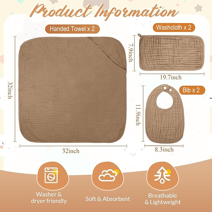 Hahafelt 6 Pcs Muslin Hooded Bath Towels Washcloths and Bibs Set, Muslin Cotton Baby Towels Absorbent Hooded Blanket Towel Infant Bibs for Boys Girls Newborn Infant Essential(Brown, Beige)