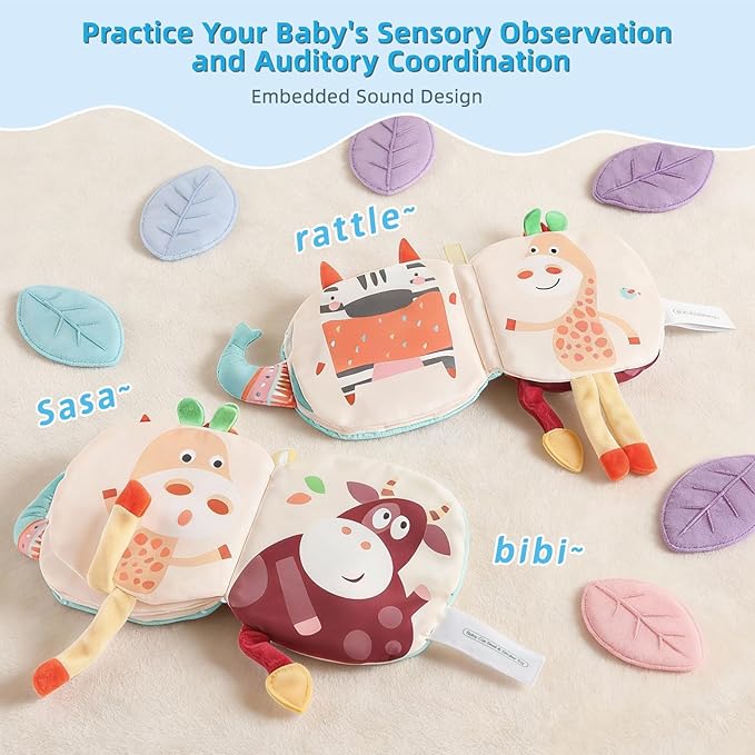 Baby Soft Book Toys for Car Seat 6-12 Months, Sensory Travel Toy 3-6 Months, Montessori Crinkle Busy Book Learning Animals for Roadtrip, Cloth Activity Baby Valentine Gift with Squeaky Textures