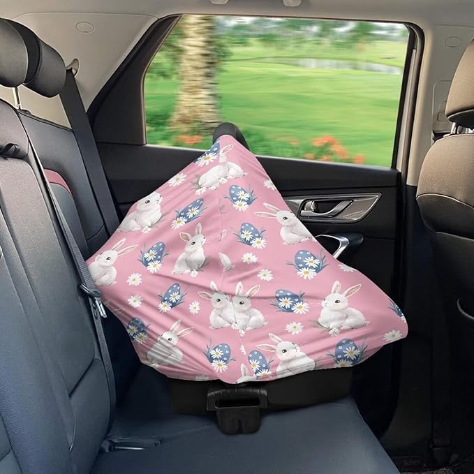 Wanyint Easter Rabbit Eggs Daisy Pink Stretchy Baby Car Seat Cover Carseat Canopy for Babies Universal Baby Breastfeeding Stroller High Chair Shopping Cart Cover