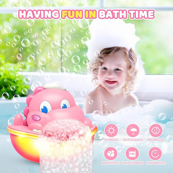 Bath Toys,Light-Up Bath Bubble Machine Automatic Bubble Maker Bathroom Toy for Kids Ages 1-3 4-8 Toddler Bathub Toy Easter Basket Stuffers Dinosaur Toys for Kids 3-5