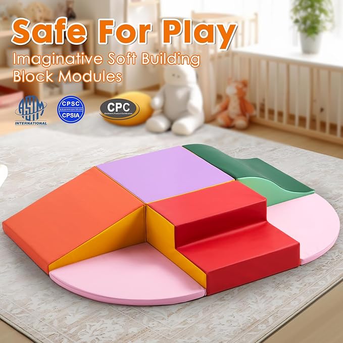 6-Piece Baby Foam Climbing Blocks, Soft Play Climbing Toys for Toddlers, Kids Playtime Corner PU Leather Climber Indoor for Crawling and Sliding, Waterproof Easy to Clean (Red)