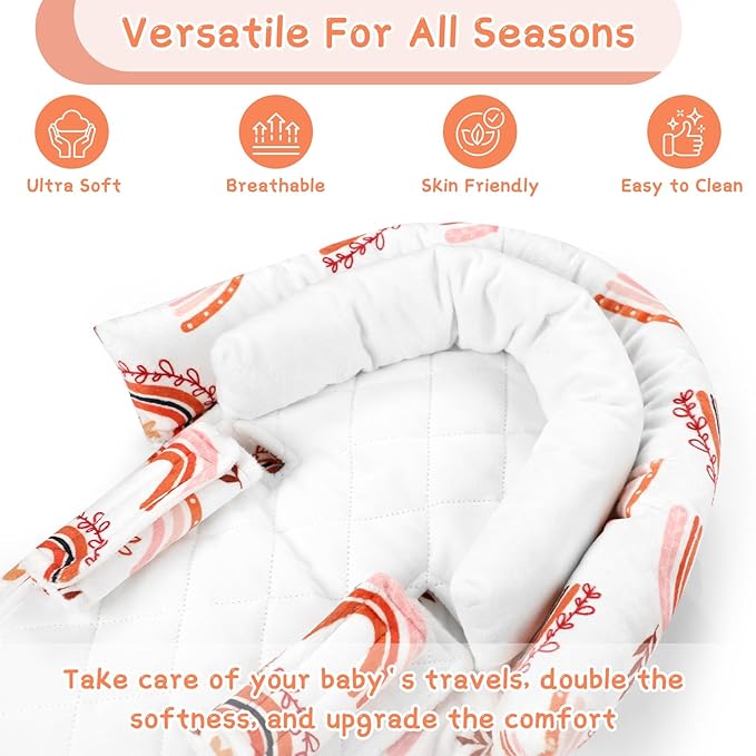 Baby Car Seat Head Body Support & Strap Covers, 2 in 1 Infant Car Seat Insert, Reversible Soft Breathable Newborn Cushion Pads for Preemie, Perfect for Baby Carseats, Strollers, Swings (Rainbow)