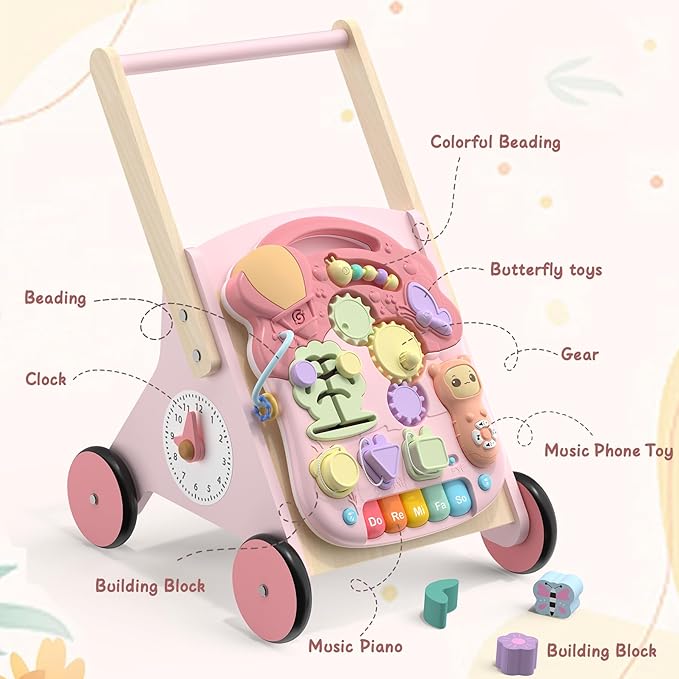 2 in 1 Wooden Baby Walker and Activity Center for Girls Boys Sit-to-Stand Learning Toy Kids Montessori Educational Push Toys with Music Detachable Busy Keyboard for Toddlers