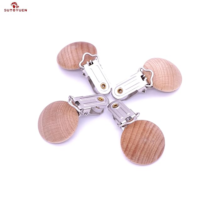 Natural Beech Wood Round Pacifier Clips Silicone Pacifier Holder Suspender Clips Sutoyuen Wood Pacifier Clip Holder Charm for DIY Babies Dummy Chain Accessories 30 Pieces (Without Hole)