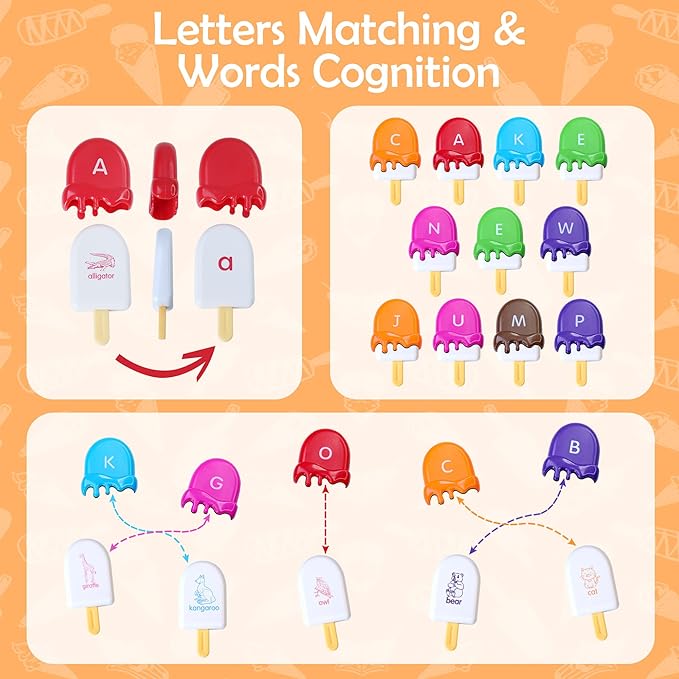 USATDD ABC Alphabet Learning Toys Alphabet Popsicles Animal Matching Toy Uppercase Lowercase Preschool Learning Activities Montessori Toys Easter Gifts for Kids, 52 Pcs