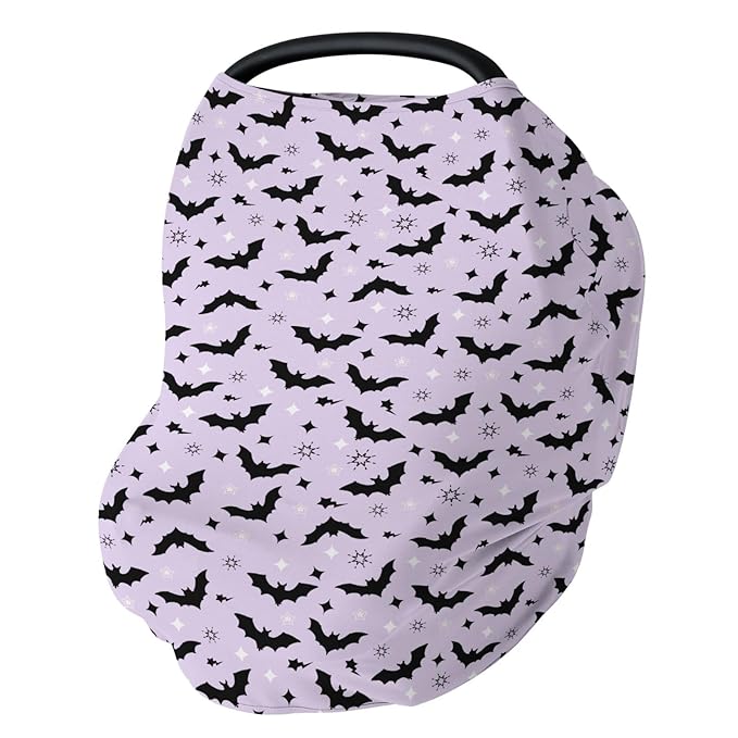 Purple Pastel Halloween Baby Car Seat Covers Black Bat and Stars Stretchy 5-in-1 Cover Adjustable Infant Carseat Canopy Cover Spooky Halloween Night Breathable Nursing Cover-Up