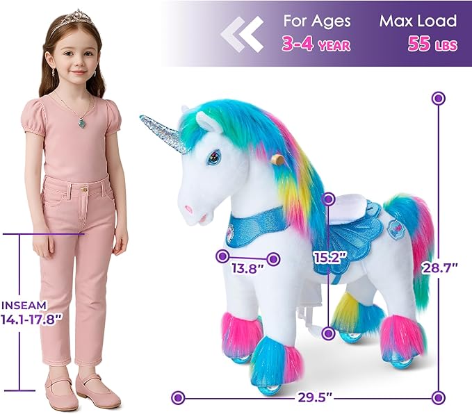 PonyCycle Rainbow Ride-on Unicorn Mechanical Pony Riding Horse Ride on Toy Advanced Model Y with Saddle for Kids Size 3 Ages 3–4, Indoor Outdoor with Wheels, for Children Y354