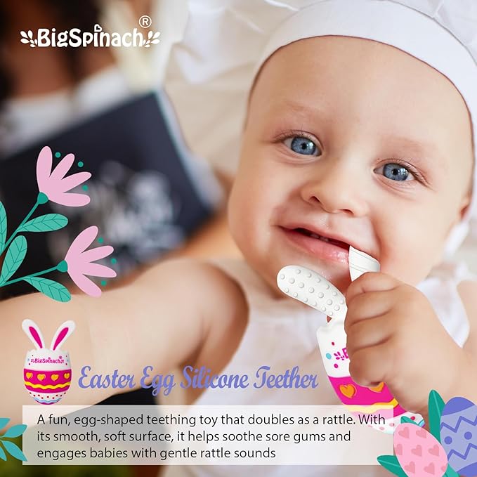 BIGSPINACH Easter Egg Baby Teether,Baby Teething Toy for Pain Relief,Silicone Bunny Rabbit Teether,Easter Gift for Babies,Sensory Toy for Boys & Girl (Rose Pink)