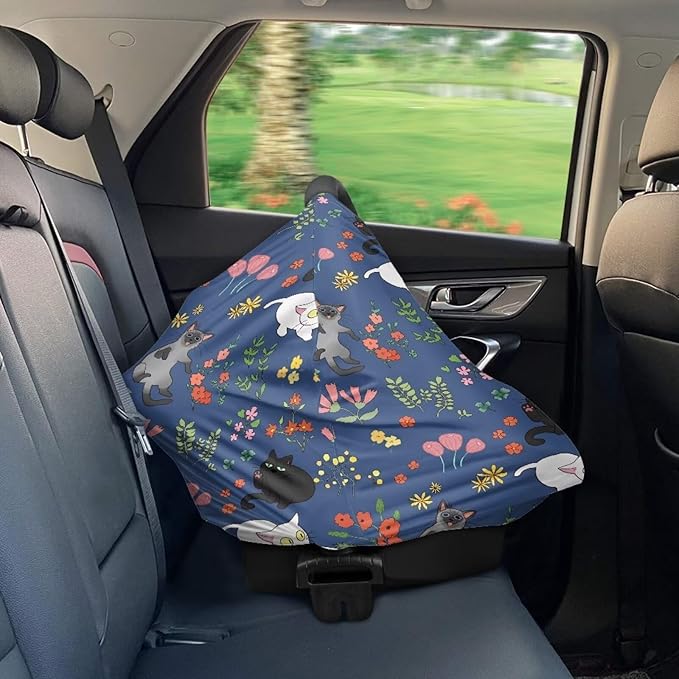 AFPANQZ Cat Floral Stretchy Baby Car Seat Covers for Boys Girls Infant Car Canopy Spring Autumn Winter Snug Warm Breathable Windproof Open Peep Top Universal Fit