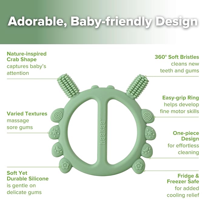 Haakaa Silicone Crab Baby Teether,Teething Toys,360° Baby Toothbrush Head for Infant Self-Brushing Training,Food-Grade Silicone,First Easter Gift,Pea Green
