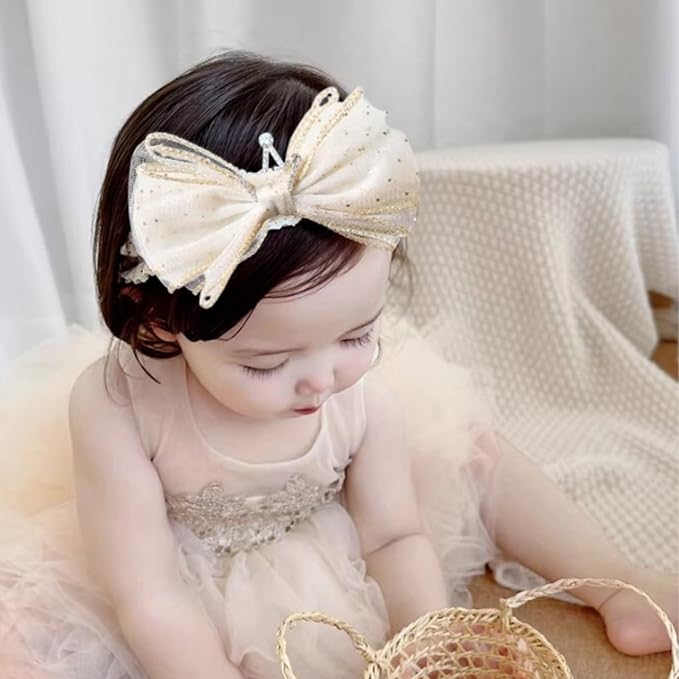 Baby Girls Hairband White Bow Lace Headbands Handmade Soft Stretchy Bowknot Hairbands Newborn Headband with Bows Pearls Elastic Head Band for Newborn Infant(Beige Crown Bow)