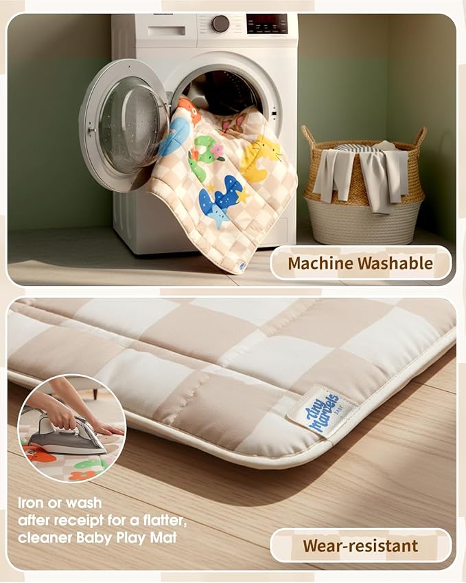 Baby Play Mat, Foldable Play Mats for Floor, 50x50 Inches Crawling Mat for Playpen with Anti-Slip Bottom, Machine Washable, Thicken Padding Foam Playmats for Babies and Toddlers (Sand Checks)
