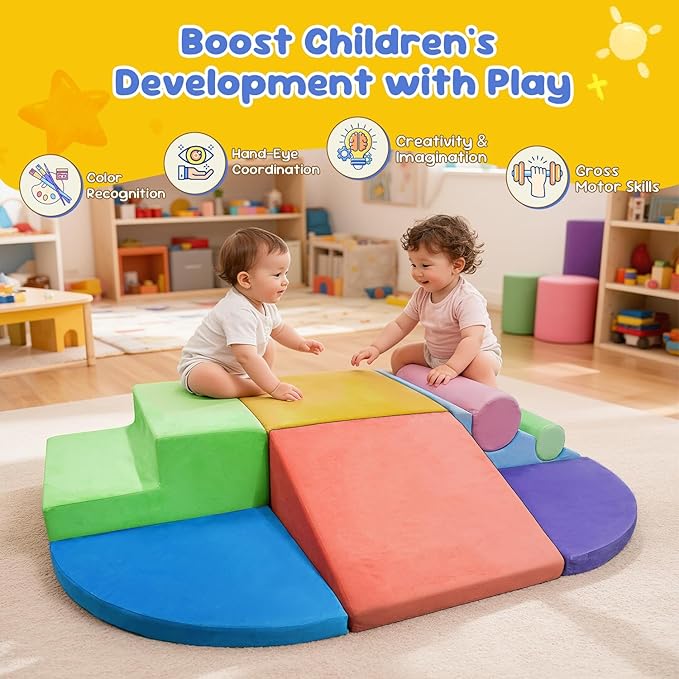 Teckid Toddler Climbing Toys 8-Piece Indoor Soft Foam Blocks Set, Safe Crawling, Climbing and Sliding Play Gym for Kids, Baby Climbing Playset