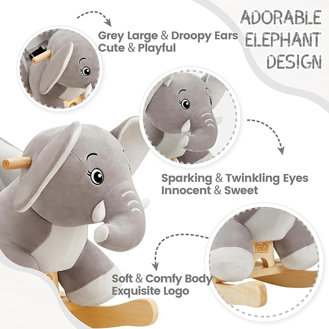 FUNLIO Elephant Baby Rocking Horse for Toddlers 6 Months to 3 Years, Cute & Graceful Grey Elephant Rocker for Baby Girl, Stuffed Plush Ride-on Rocking Animal, Easy to Assemble, CPC & CE Certified