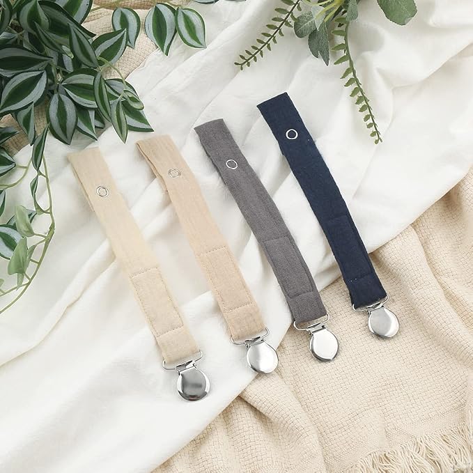 Baby Pacifier Clip Leash Holder Unisex for 4 Pack Gift Set with Neutral Solid Colors ;Soft Linen Pacifier Clips ; Fabric Pacifier Strap with Clip Keeps Pacifiers & Teethers in Place
