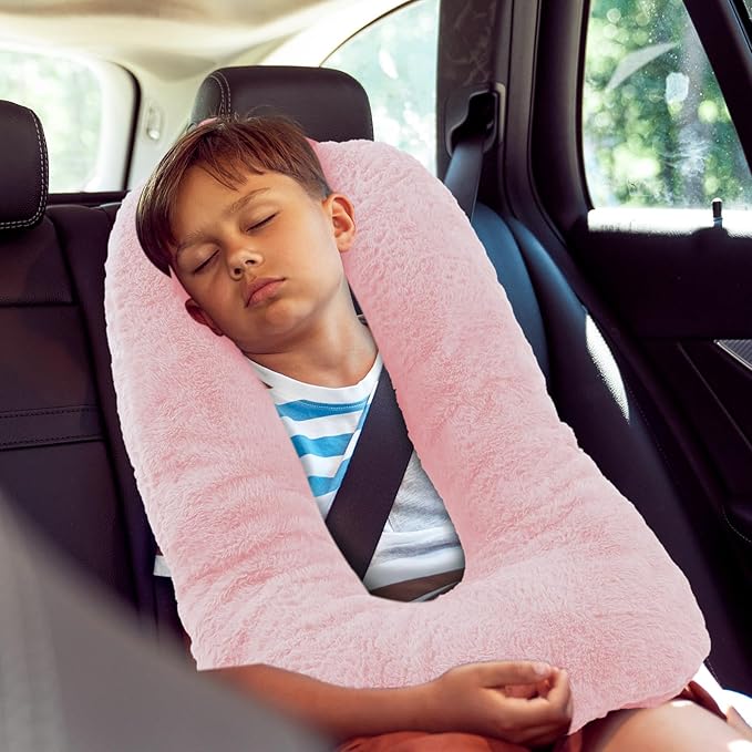 Hoteam 2 Pcs Travel Pillow Car Sleeping Kid Neck U Shaped for The Back Seat Adults Children Head and Body Support Long Distance Journey Accessories (Light Pink)