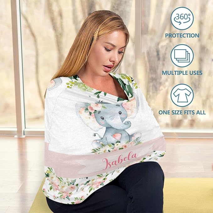 Personalized Baby Car Seat Cover for Girls, Custom Nursing Covers for Breastfeeding with Name, Infant Stroller Cover, Baby Carseat Canopy for Newborn, Multiuse Car Seat Canopies, Floral Elephant