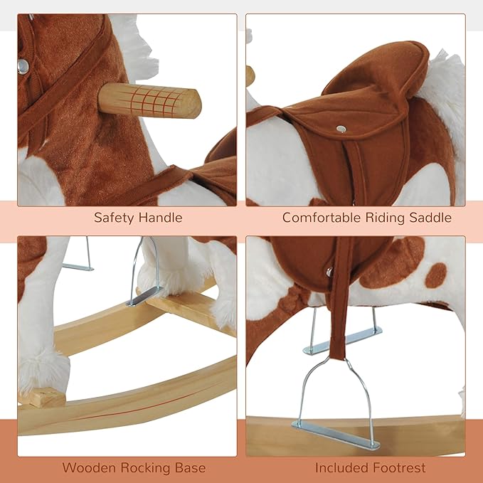 Qaba Wooden Toddler Rocking Horse, Kids Plush Ride on Horse Toy Animal Rocker with Nursery Rhyme Music Brown