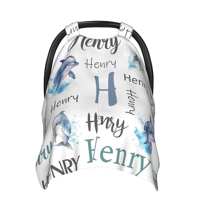 Personalized Baby Car Seat Cover Custom Name CarSeat Canopy Customized Dolphin Newborn Nursing Breastfeeding Cover Minky Baby Blanket Infant Car Seat Canopies for Baby Girls Boys