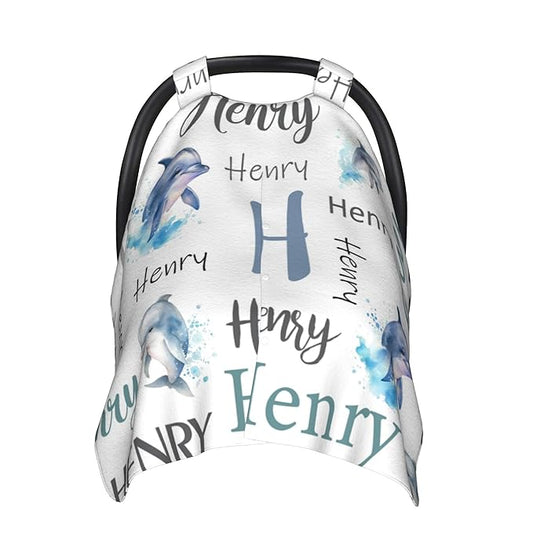 Personalized Baby Car Seat Cover Custom Name CarSeat Canopy Customized Dolphin Newborn Nursing Breastfeeding Cover Minky Baby Blanket Infant Car Seat Canopies for Baby Girls Boys