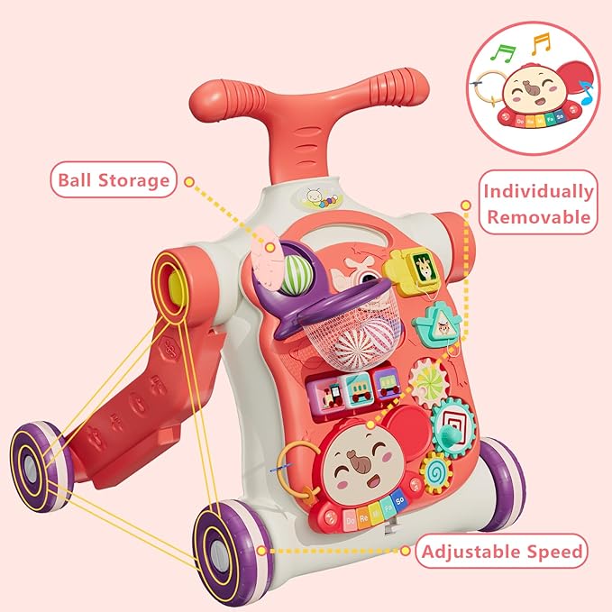 HYES Upgraded 5 in 1 Baby Walker and Activity Center for Baby Girl, Learning to Walk, Sit to Stand, Early Learning Push Toys for Infant 12 Months, Walking Toys Gift for Toddler Girls, Red