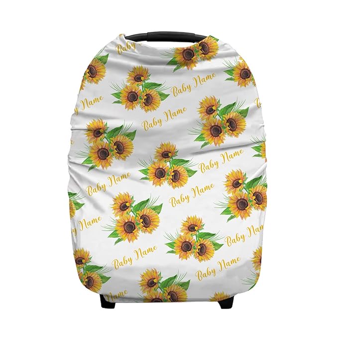 Personalized Sunflower Baby Car Seat Covers with Name, Custom Nursing Cover Breastfeeding for Babies, Carseat Canopy for Girls, Infant Stroller Cover, Breathable Carseats Cover