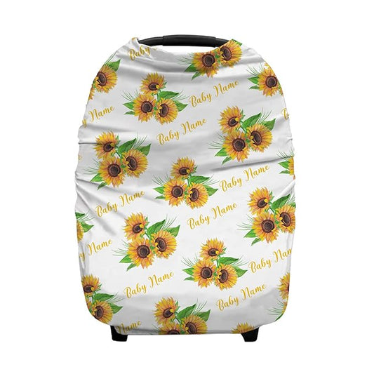 Personalized Sunflower Baby Car Seat Covers with Name, Custom Nursing Cover Breastfeeding for Babies, Carseat Canopy for Girls, Infant Stroller Cover, Breathable Carseats Cover