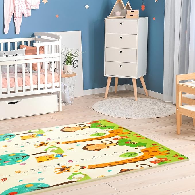 Baby Crawling Mat, Double Sided Soft Play Mat for Floor Exercise, Baby Play Mat with Animal Print Design, Non-Slip, 78 x 70 x 0.4 Inches, Gray (Tiger)