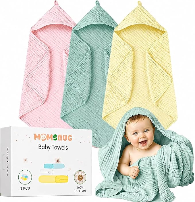 Muslin Hooded Baby Bath Towel Set 3 Pack, Muslin Cotton Baby Towels with Hood for Newborn, Baby Beach Towels for Boy, Girl, Babies, Infant, Toddler and Kids (35 X 35 Inch)(Light Green + Pink + Yellow)