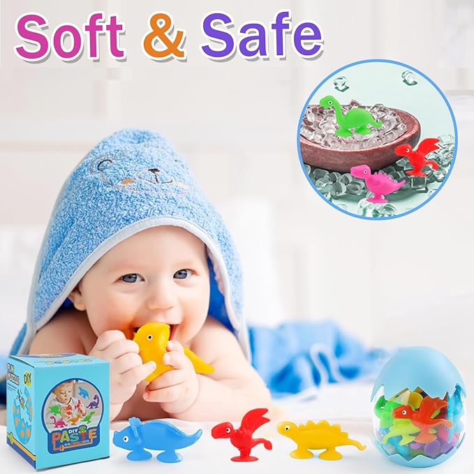 Baby Suction Cups, 16PCS Silicone Dinosaur Sucker Toys with Eggshell Storage, Sensory Bath Toys for Kids Ages 4-8, Counting Learning Color Tool, Window Toy, Easter Egg Gifts for Boys Girls Ages 3+