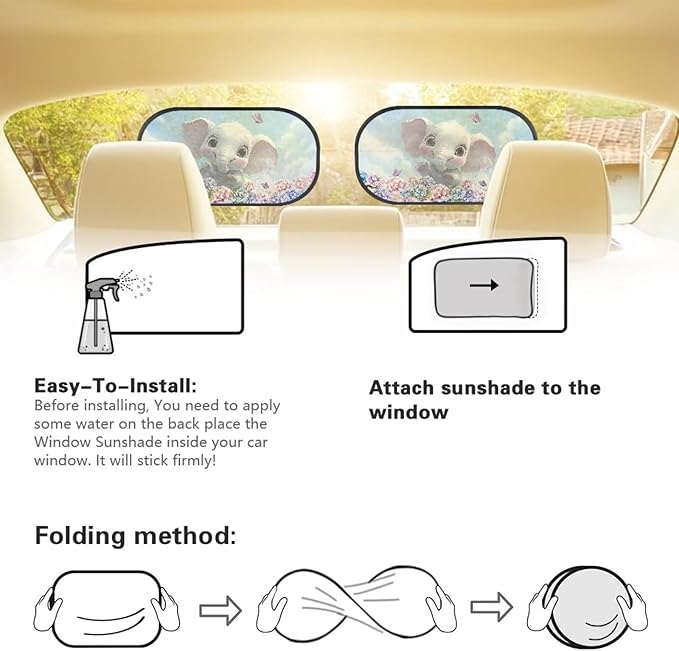 Bulopur Cute Elephant Floral Car Window Shade for Baby in Car 2 PCS UV Protection Breathable Side Window Screens Auto Interior Automotive Universal Fit Mesh Side Windshield Shades