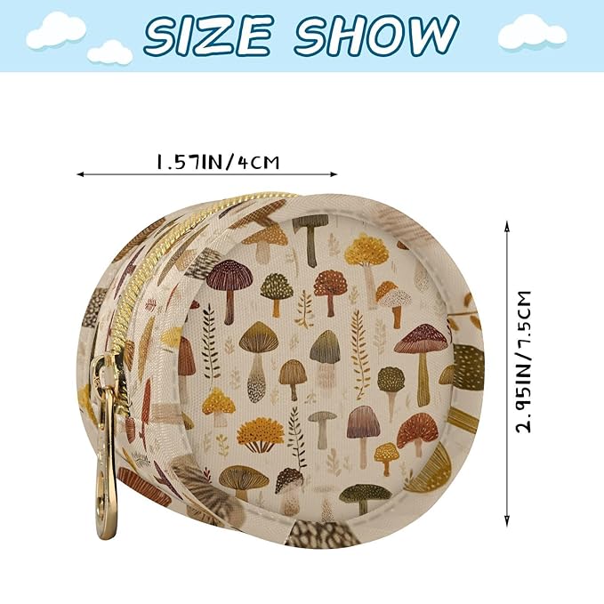 Pacifier Holder with Clip Pacifier Case for Diaper Bag Round Baby Pacifier Pouch Box Bag Portable Vintage Beige Mushrooms and Leaves